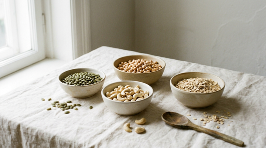 Pumpkin seeds, chickpeas, cashews and oats in small bowls on cream linen, zinc-rich foods.