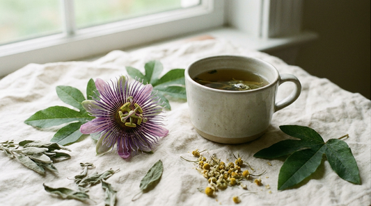 A purple passionflower bloom beside a cup of herbal tea on cream linen.