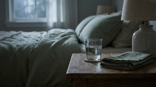 A glass of water and folded linen on a nightstand in a dim, restful bedroom.