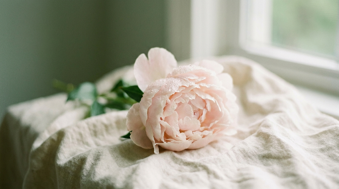 A pale pink peony with dewdrops on cream linen, soft natural light.