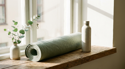 A rolled linen yoga mat, water bottle and eucalyptus by a sunlit window.