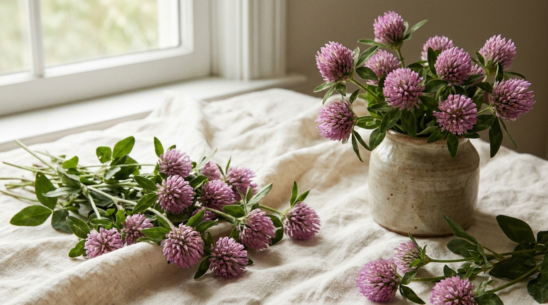 Pink-purple red clover blossoms on cream linen, soft natural light.