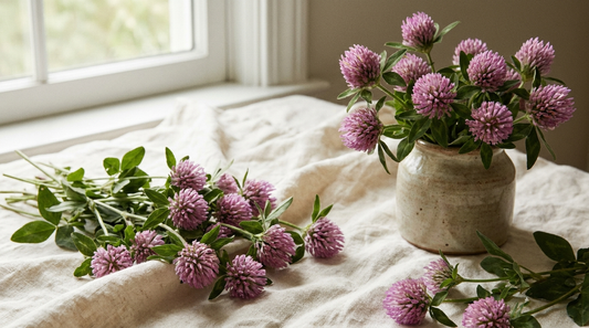 Pink-purple red clover blossoms on cream linen, soft natural light.
