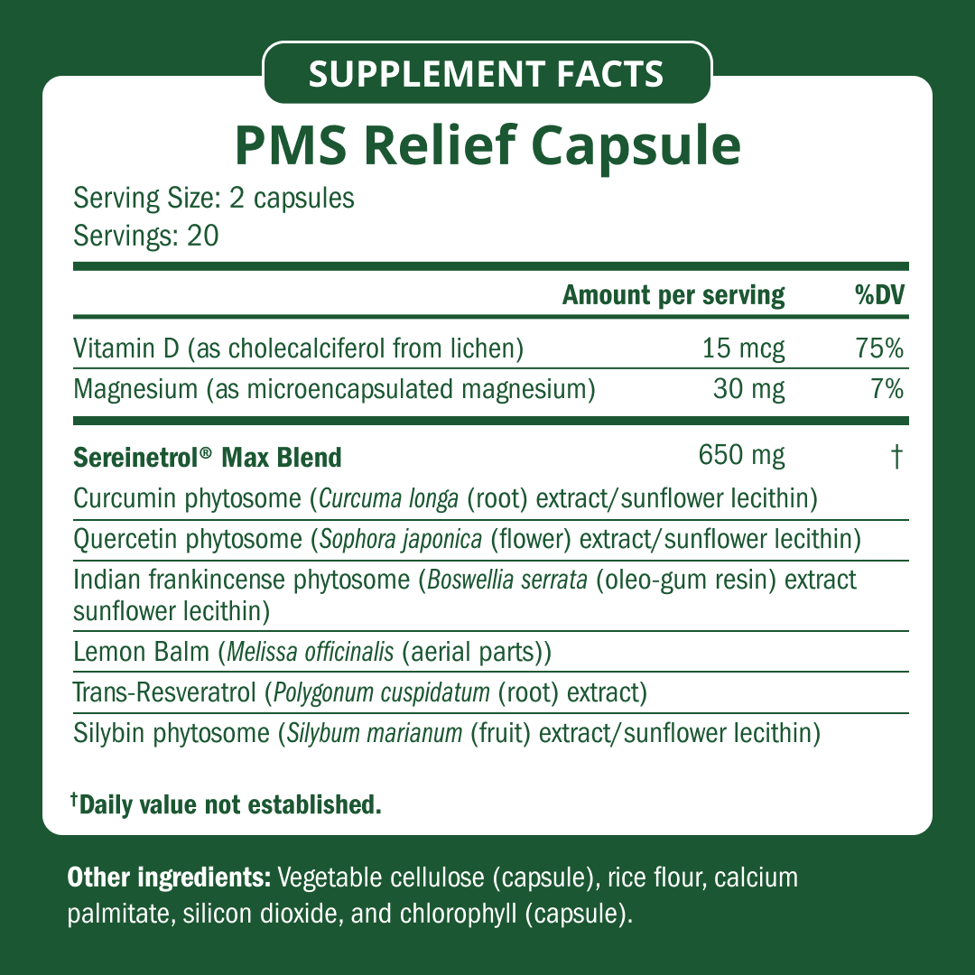 PMS Relief Capsule Supplement Facts panel
