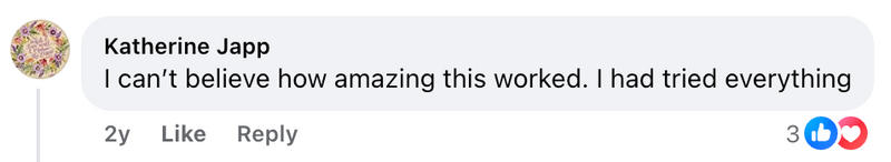 Facebook comment from a Cleanse & Protect customer