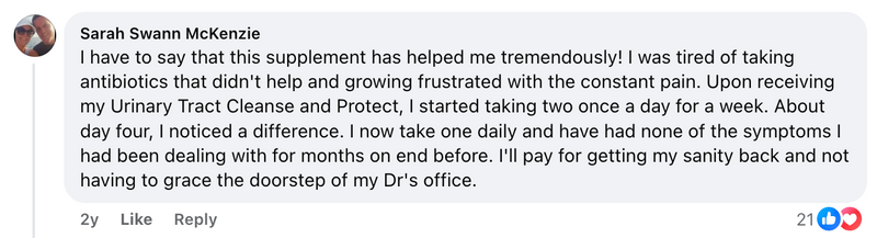 Facebook comment from a Cleanse & Protect customer