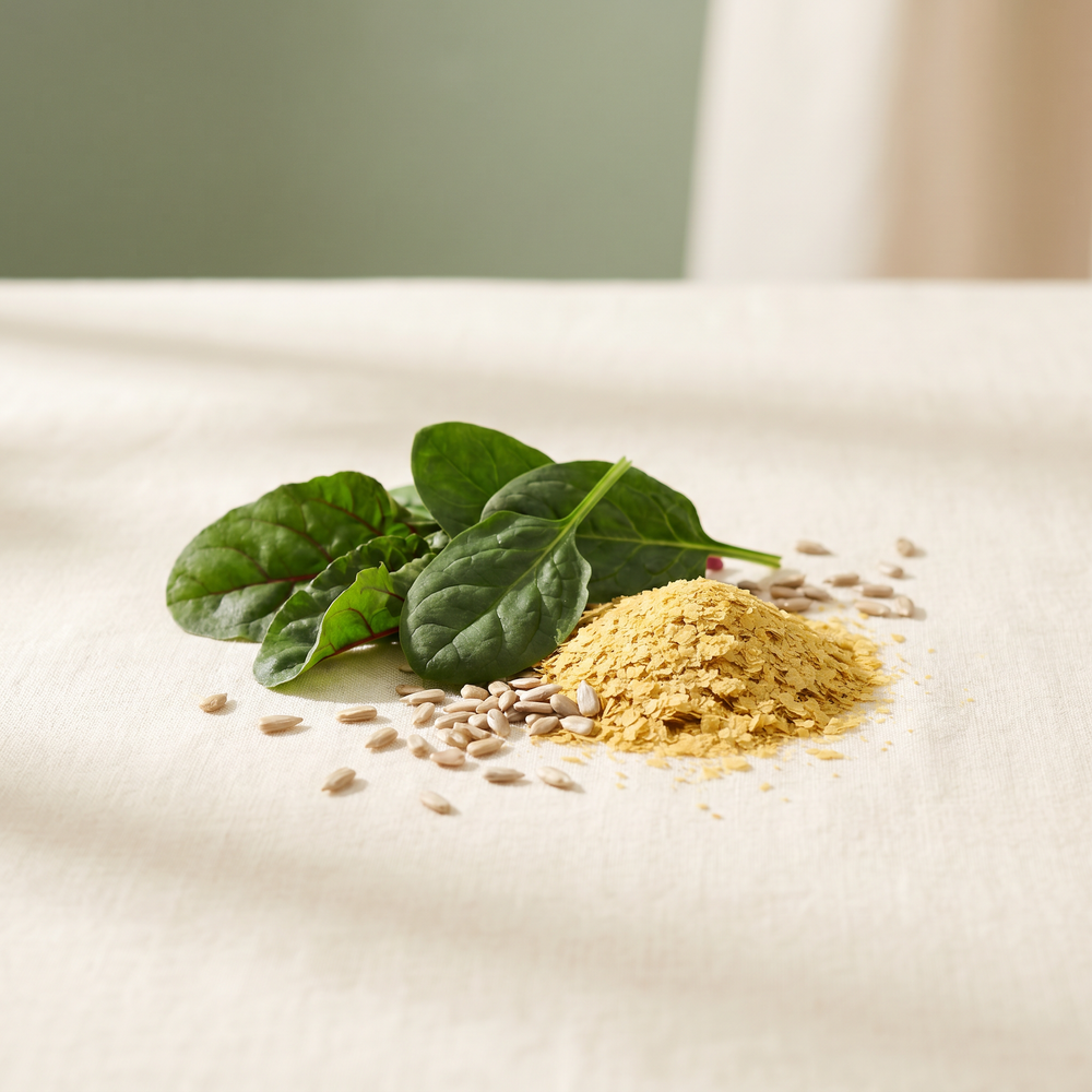 Spinach and grains illustrating B-vitamin nutrition