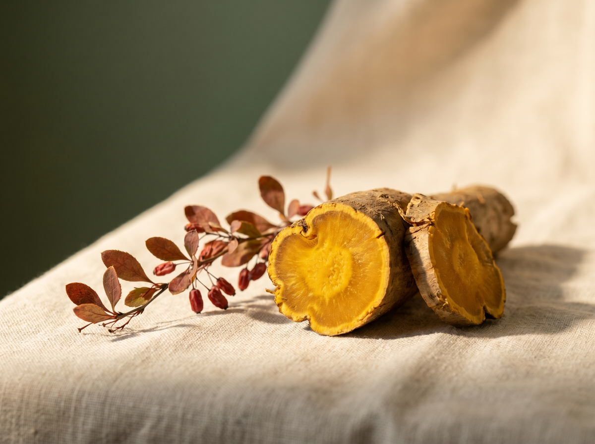 Berberine root, golden cross-section