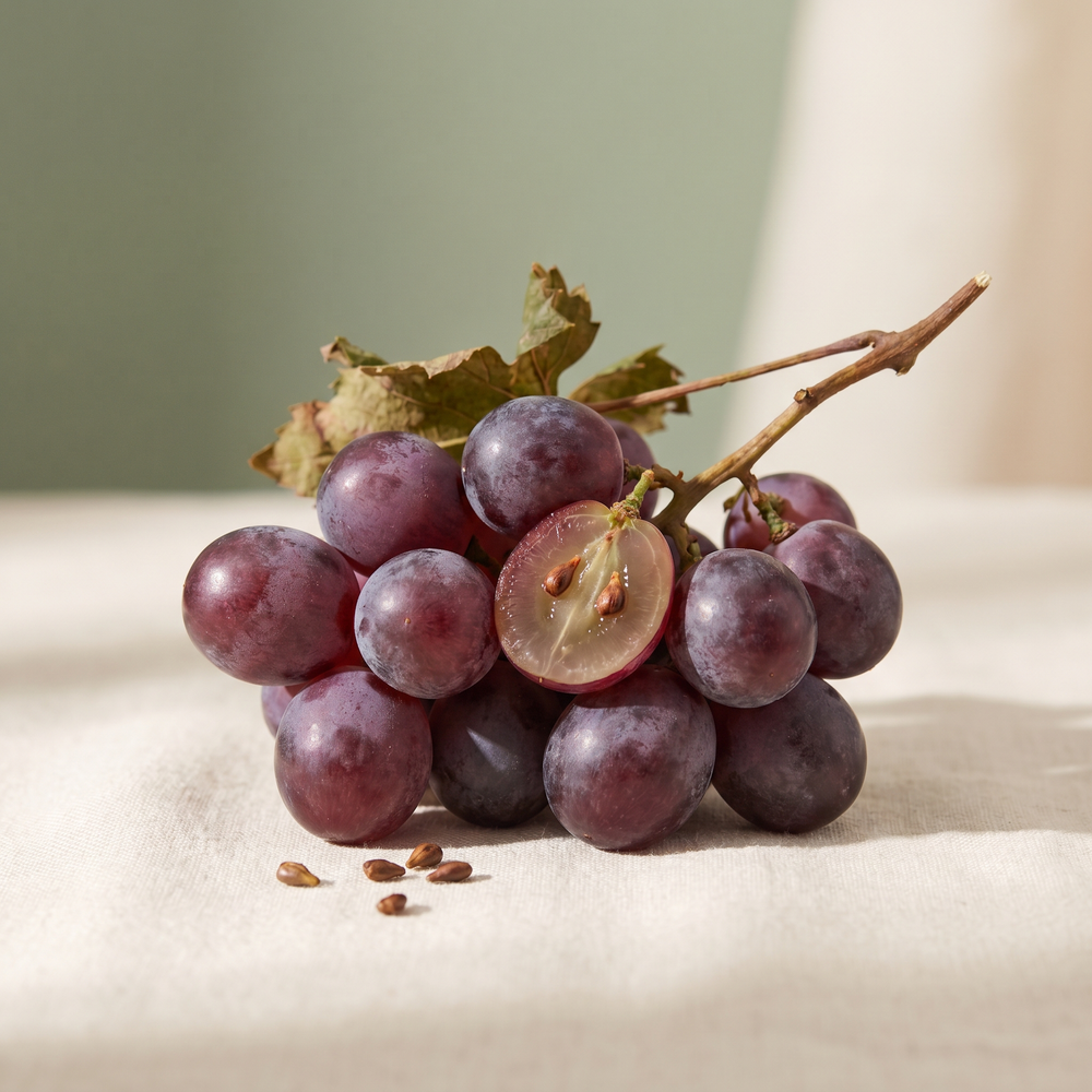 Grapes and grape seeds on natural linen