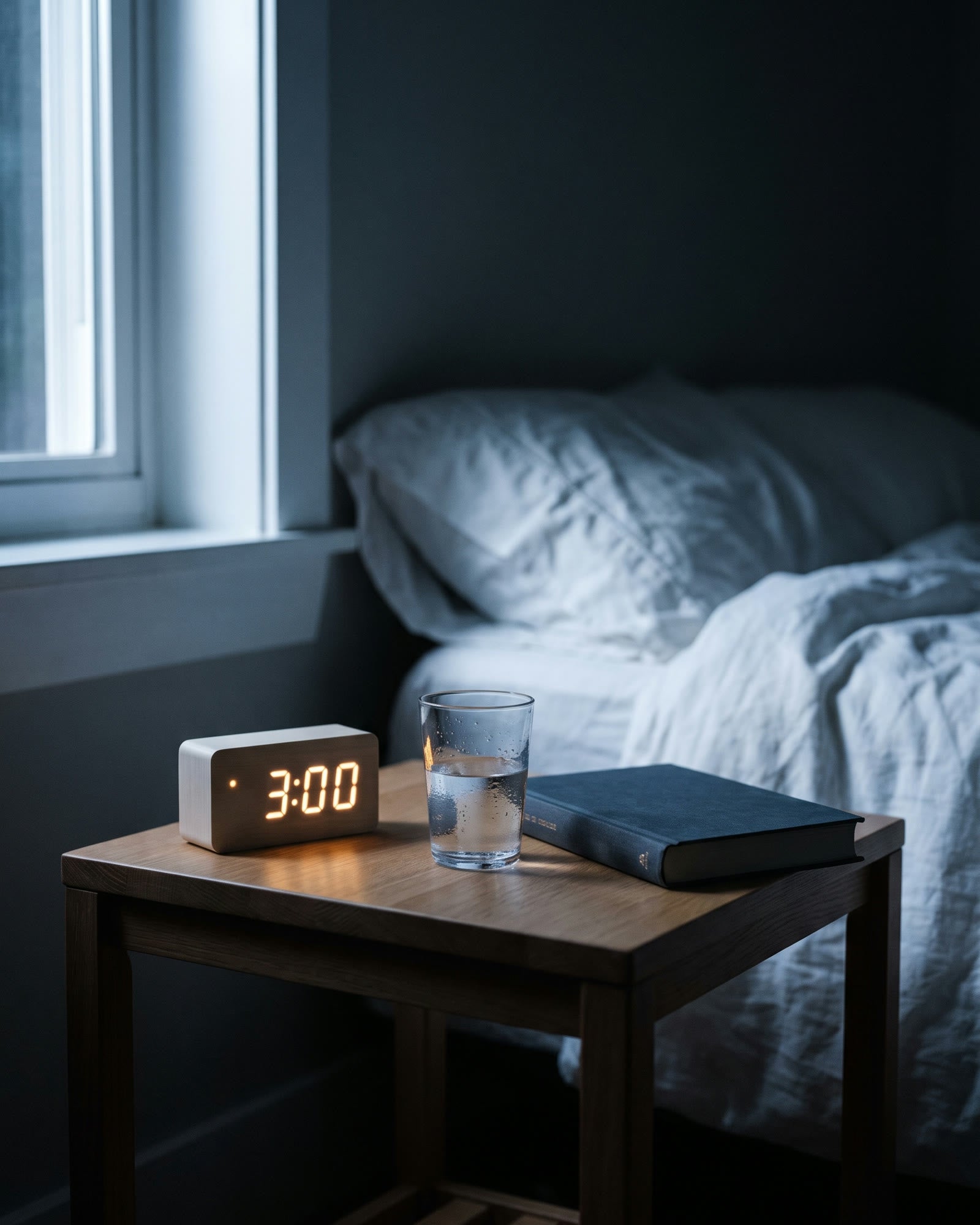 A dark bedroom at 3am: a bedside clock reading 3:00, a half-full glass of water, and an empty bed in moonlight